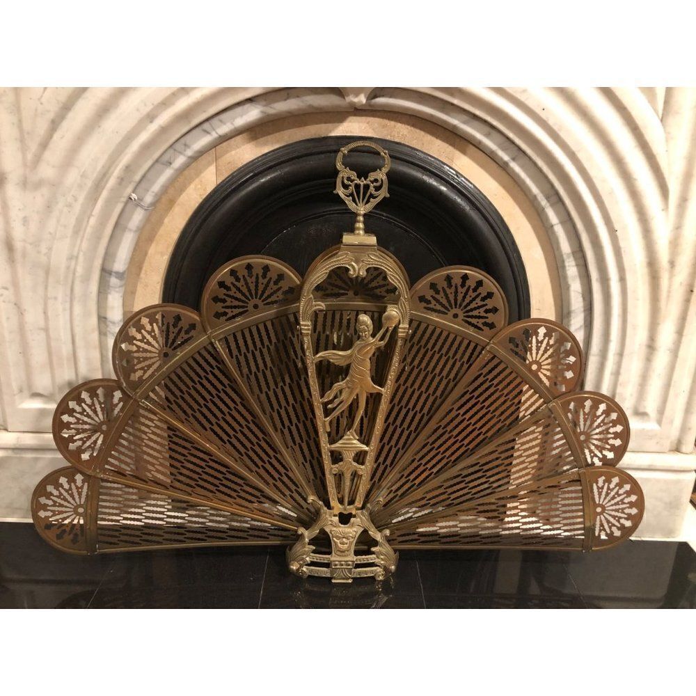 Vintage French Country Gold Brass Peacock Fireplace Screen Chinese Lady